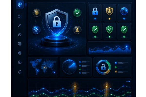 A minimalist dashboard graphic focused on digital security and real time monitoring.