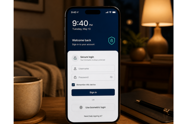 A minimalist image featuring a modern smartphone in the foreground displaying a sleek, well organized credit union login portal.