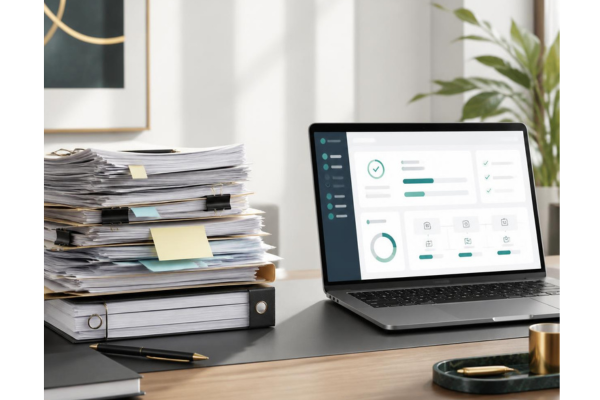 A photo contrasting a complicated compliance headache with a modern, stress-free digital solution.