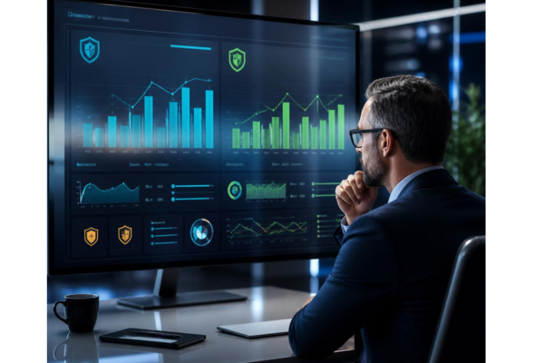 A professional fraud analyst reviewing a clean, sophisticated dashboard displaying comparative financial risk metrics in a modern command center.