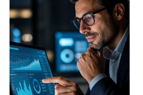 A professional-looking adult closely studying a digital interface on a laptop screen, with a subtle expression of clarity, discovery, and confident understanding.
