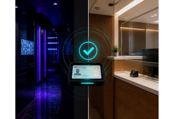 A sleek, high contrast clear split image with a high stakes security environment and subtle casino technology cues on left and a welcoming credit union teller counter on right.