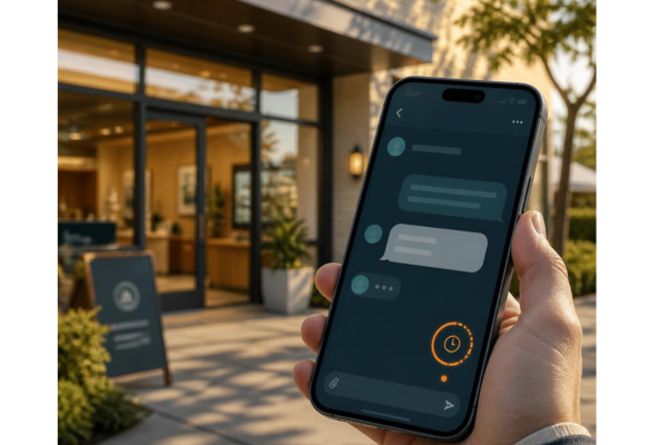 A sleek smartphone in the foreground, showing digital banking chat window with abstract message bubbles, a subtle ticking timer ring, and credit union in the background.