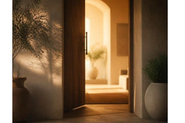 A soft focused warm toned photo of an open doorway with welcoming interior light spilling outward into a dimmer surrounding space.