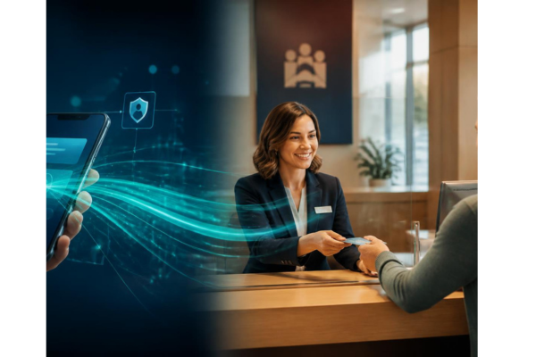A split view showing a seamless financial transaction across a smartphone and friendly credit union employee with a transaction with a member on the right.