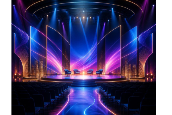 A vibrant conceptual event graphic with a refined Las Vegas stage lighting aesthetic, dramatic modern event stage or abstract performance environment with elegant neon light trails