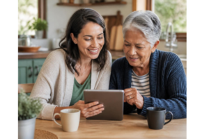 A warm, authentic multi-generational lifestyle photograph showing an adult child and an aging parent comfortably looking at a tablet together at a welcoming kitchen table.