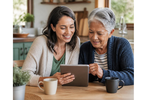 A warm, authentic multi-generational lifestyle photograph showing an adult child and an aging parent comfortably looking at a tablet together at a welcoming kitchen table.