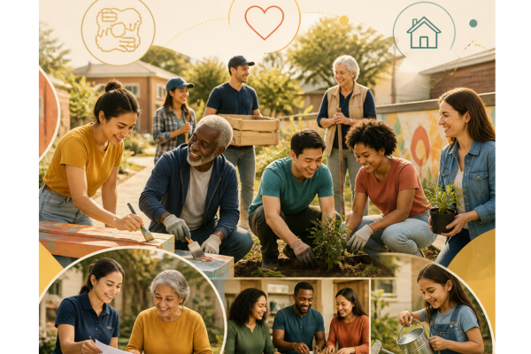 A warm, engaging community impact image featuring a diverse group of community volunteers and credit union team members working together on local improvement projects.