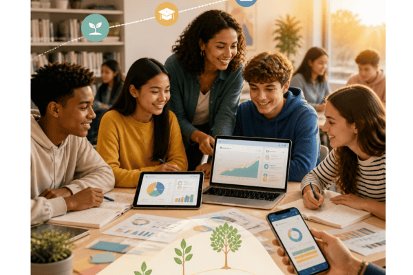 A warm engaging image depicting youth financial workshops and online learning tools emphasizing how teaching money habits early sets students up for lifelong success.