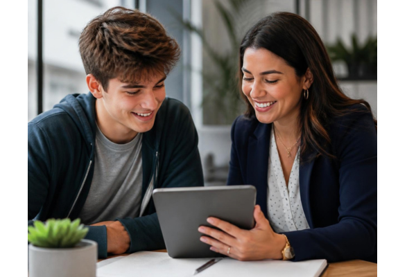 A young adult approximately 18–24 sitting across from a friendly credit union mentor or financial advisor at a casual table looking down at a tablet.