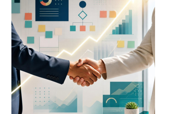 An image combining upward momentum, strategic planning, and partnership.