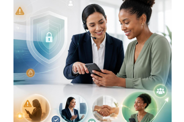 An image representing security with a human touch with a refined digital security shield and subtle fraud alert and a warm, reassuring customer service interaction.