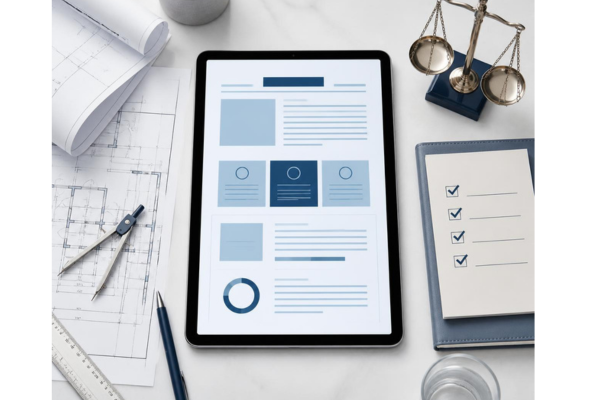 An overhead flat lay for a corporate compliance concept.