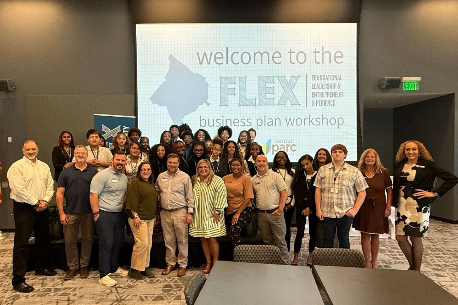 Alcovy High School students, Center Parc Credit Union team members, and local business leaders gather for the Newton County FLEX Business Plan Workshop on September 30, 2026, in Social Circle, Georgia.