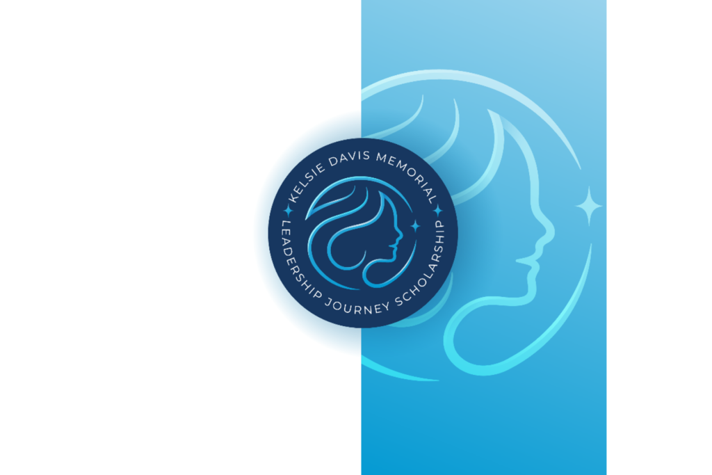The Kelsie Davis Memorial Leadership Journey Scholarship logo features a stylized woman’s profile in turquoise within a navy circular badge. A larger, faded version of the profile appears behind it on a vertical blue gradient panel against a white background.