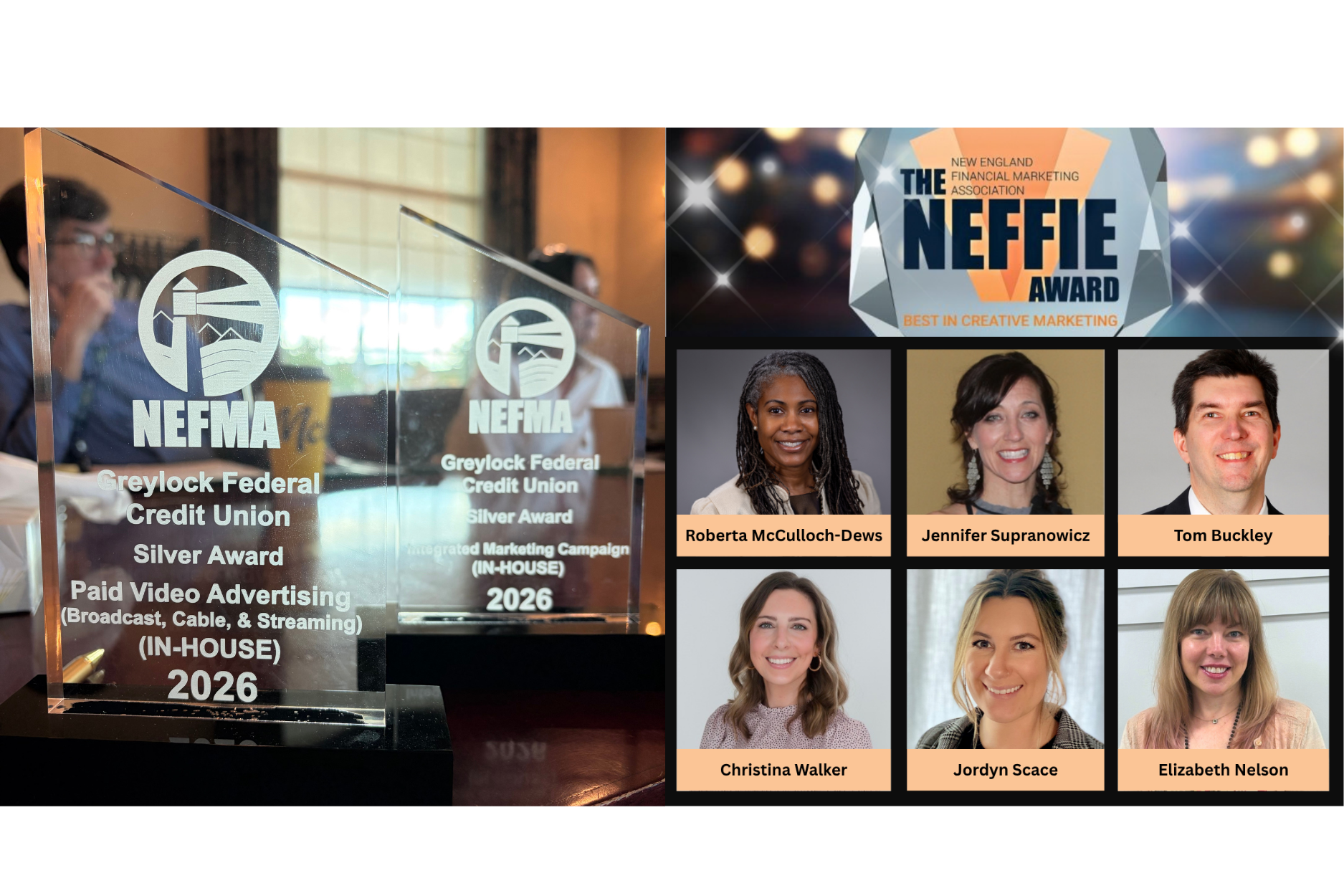 A collage features Greylock Federal Credit Union’s two 2026 NEFMA Silver Awards for in-house paid video advertising and integrated marketing campaigns. Beside the trophies are a NEFFIE Award graphic and labeled portraits of Roberta McCulloch-Dews, Jennifer Supranowicz, Tom Buckley, Christina Walker, Jordyn Scace and Elizabeth Nelson.