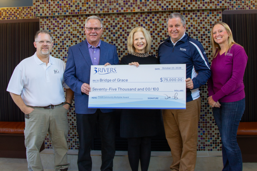 Pictured, left to right: Chris Minier, director, Mount Vernon Park Development at Bridge of Grace Ministries; Martin Pastura, interim CEO at Bridge of Grace Ministries; MaryBeth Wott, senior vice president, community investment and strategic planning officer at Federal Home Loan Bank of Indianapolis; Don Cates, president and CEO at 3Rivers; and Heather Bontempo, community engagement manager at 3Rivers.