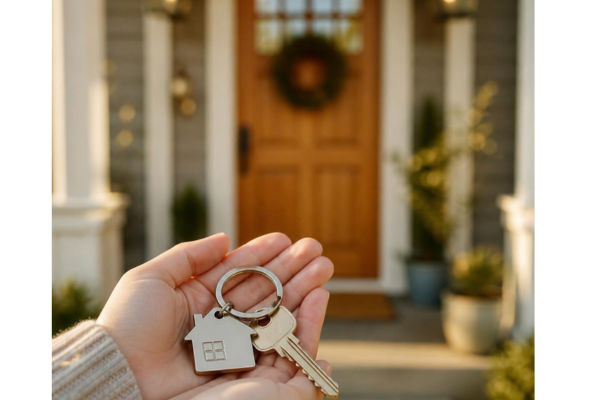Close up of a pair of hands gently holding out a house key on a keychain with a subtle house shaped fob and front door to a house in the background..