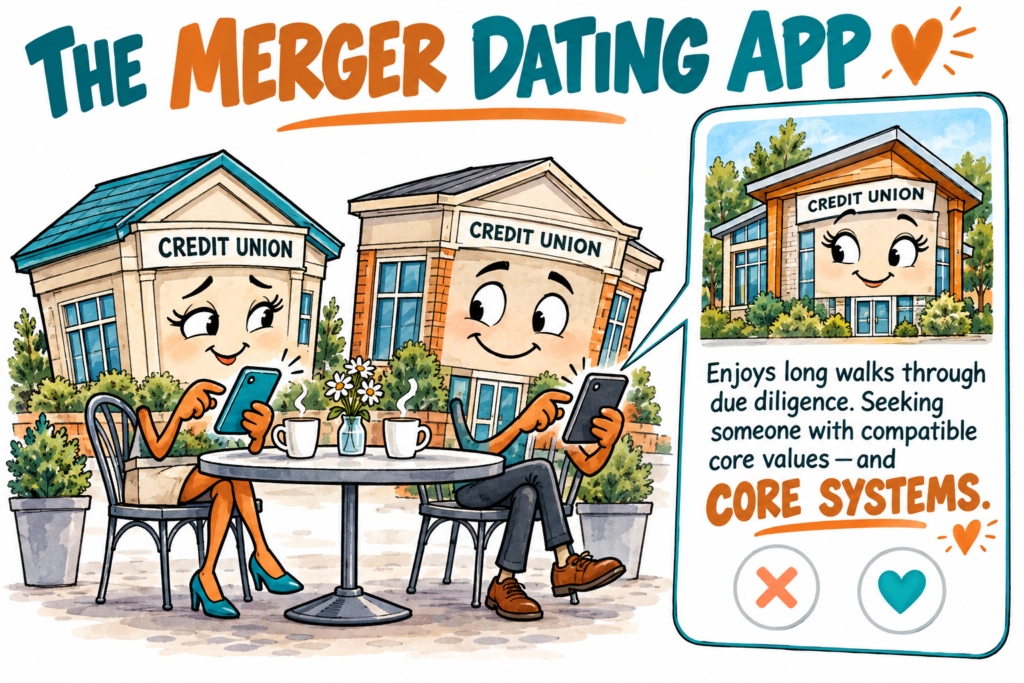 Two cartoon credit union buildings browse a merger dating app while sitting at a café. A profile reads: “Enjoys long walks through due diligence. Seeking someone with compatible core values—and core systems.”