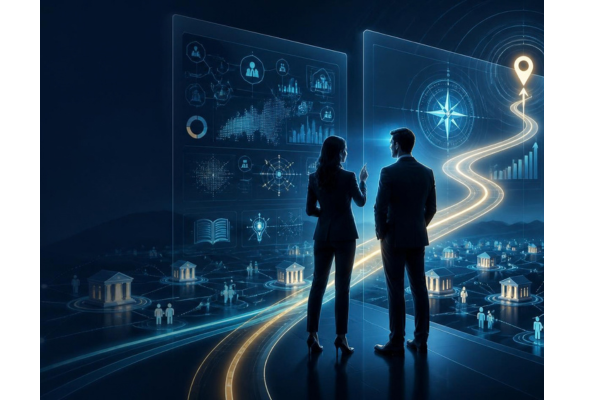 Fintech scene with strategic partnership, shared navigation, cooperative credit-union networks.
