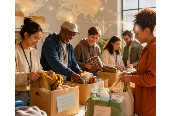 Global solidarity and cooperative giving with diverse community volunteers working together around a table gently sorting relief donations into organized boxes.