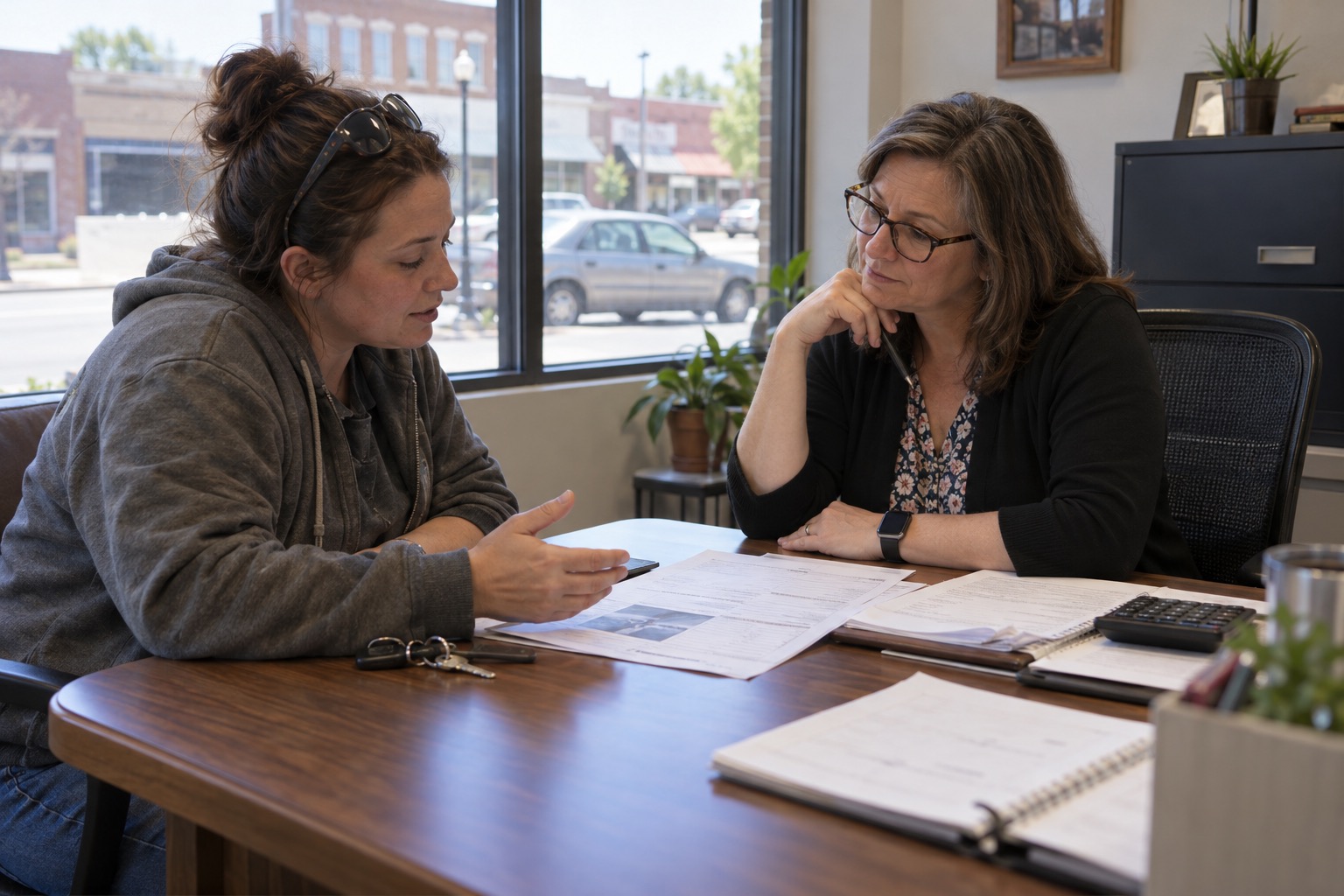 A woman discusses financial paperwork with an attentive counselor in a modest office overlooking a small-town street. Car keys and documents on the desk connect the conversation to everyday needs, highlighting personal guidance and access to affordable credit.
