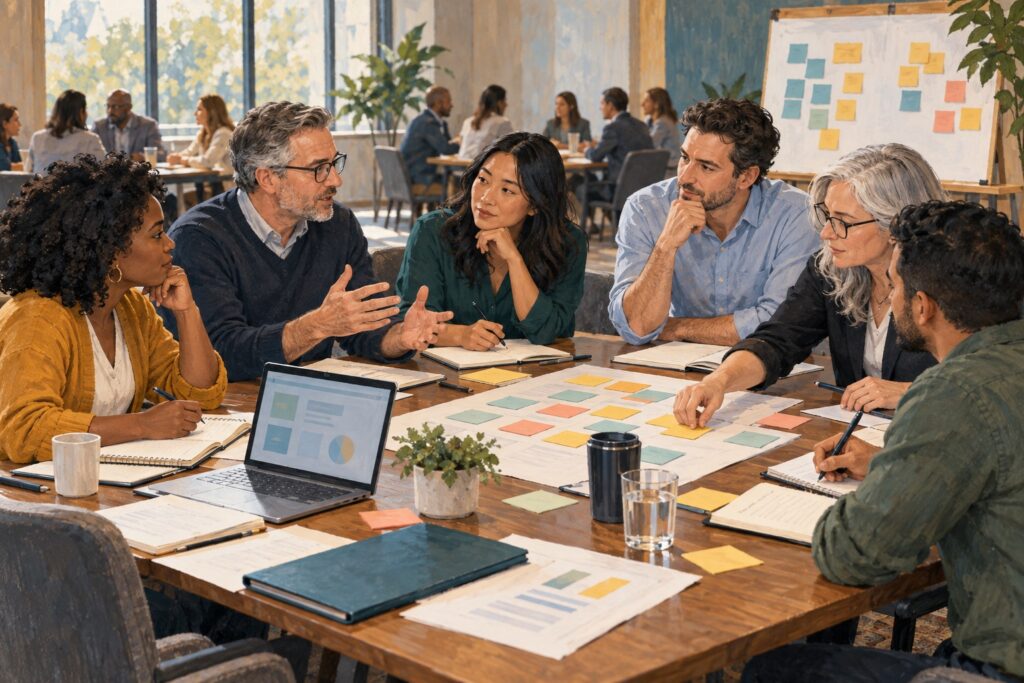 Credit union leaders turn fintech ideas into practical plans through hands-on discussion, shared perspectives, and cross-department collaboration. Editorial illustration.