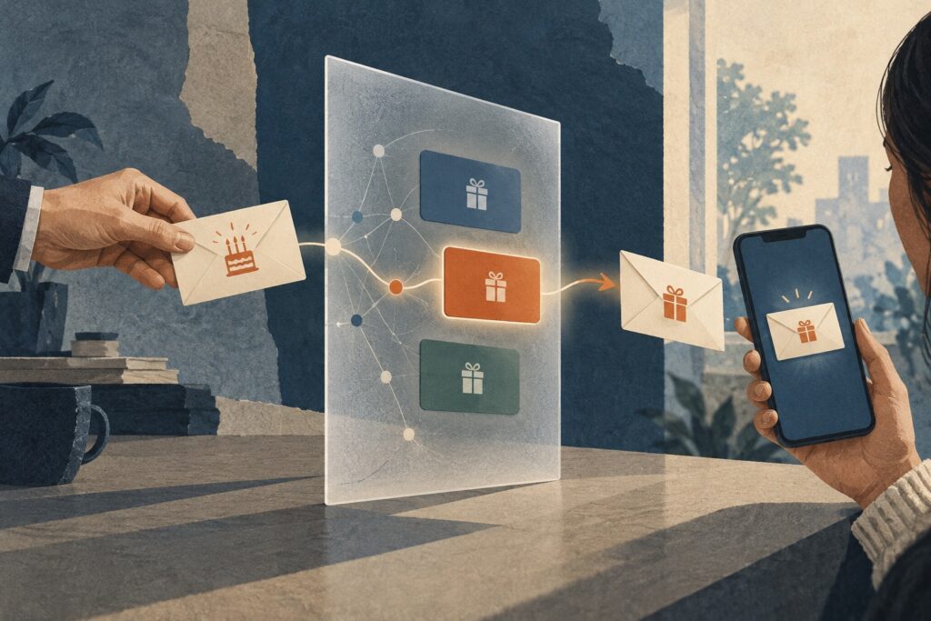 A birthday reminder passes through a network representing an AI assistant, which selects a gift card and delivers it to a recipient’s smartphone. The illustration explores how automated shopping could influence gifting and which brands consumers choose.