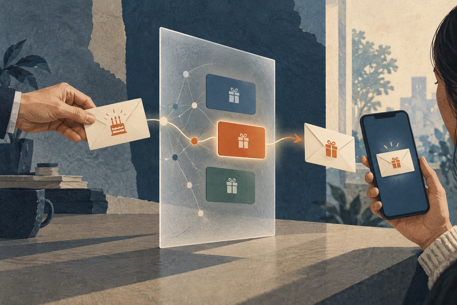 A birthday reminder passes through a network representing an AI assistant, which selects a gift card and delivers it to a recipient’s smartphone. The illustration explores how automated shopping could influence gifting and which brands consumers choose.