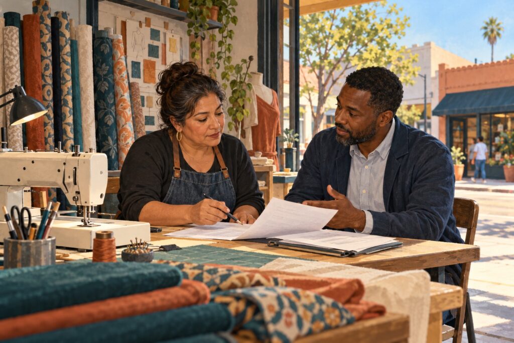 A small-business owner reviews financing paperwork with a lending professional in her neighborhood workshop, illustrating the role of community lending in expanding access to capital. Editorial illustration.