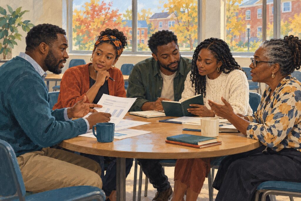 Community members gather around a table to discuss their financial goals, illustrating the cooperative purpose behind All Peoples United Federal Credit Union and its mission to serve Cameroonians and the wider African diaspora. Editorial illustration.