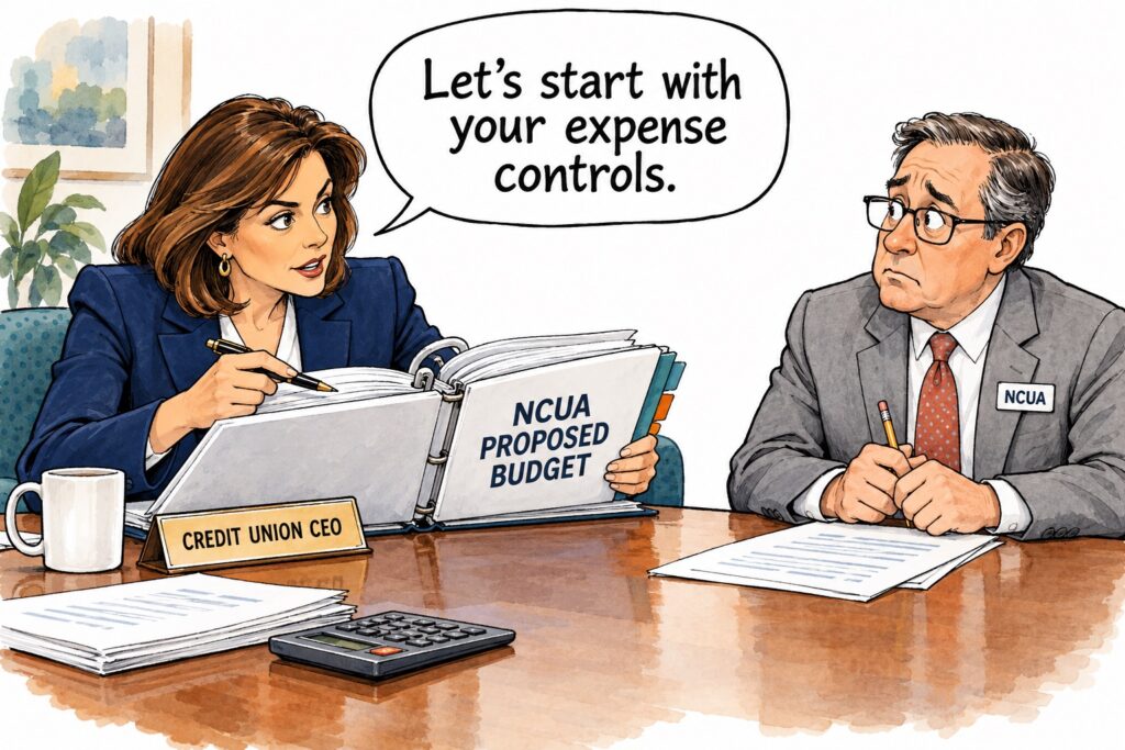 A credit union CEO turns the examination tables on an NCUA official, scrutinizing the agency’s proposed budget and asking, “Let’s start with your expense controls.” Editorial cartoon.