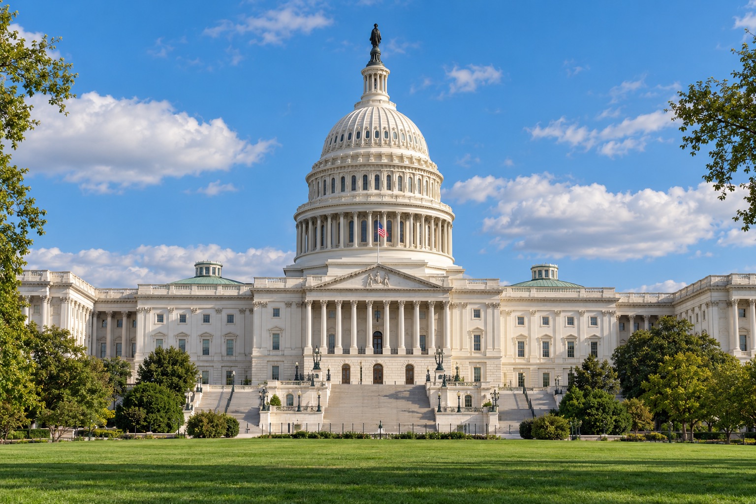 The U.S. Capitol in Washington, D.C., beneath a blue sky, framed by green trees and an expansive lawn.