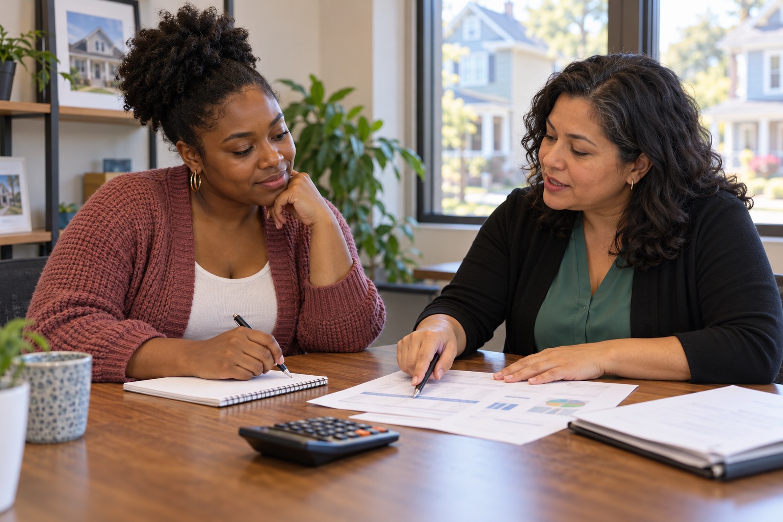 A woman reviews a household budget with a financial counselor, illustrating how personalized guidance can help families build savings, prepare for homeownership and strengthen financial stability.
