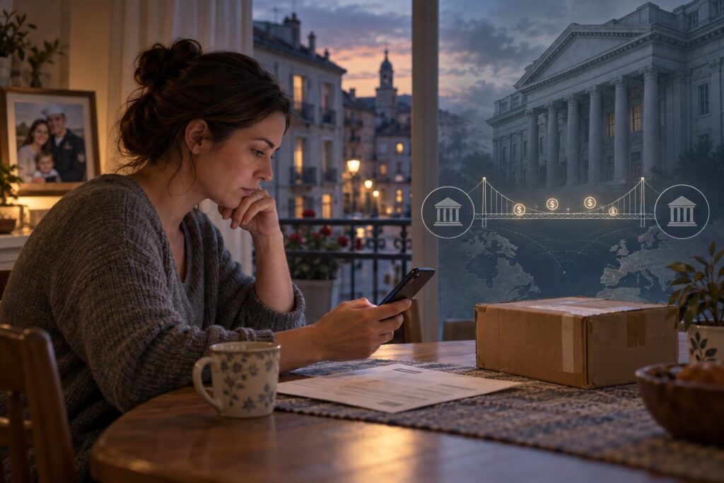 A military spouse reviews her smartphone at a kitchen table overseas, with bills and a family photograph nearby. A symbolic payment bridge and government building connect her everyday financial needs to federal decisions shaping credit unions’ access to stablecoin payments. AI-generated editorial illustration.