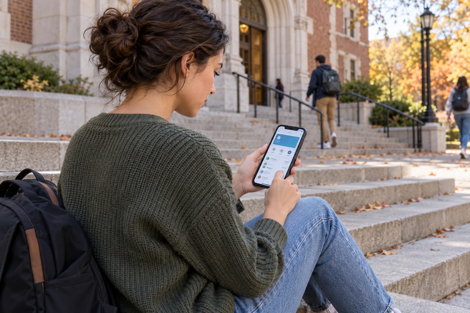 A college student checks a mobile banking app while sitting on campus steps, with a backpack beside her and students passing in the background.
