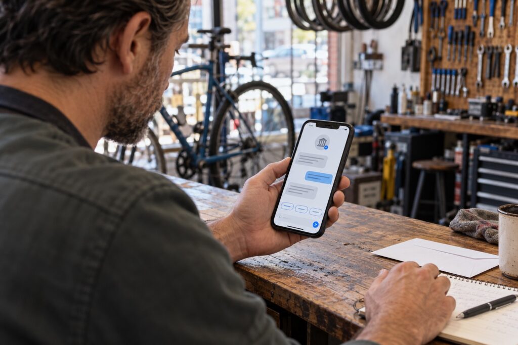 A bicycle shop owner checks a message from his financial institution while working at the counter. A verified-sender symbol on the phone illustrates the role of recognizable, trusted communication in everyday business banking. AI-generated editorial illustration; not an actual Eltropy interface.