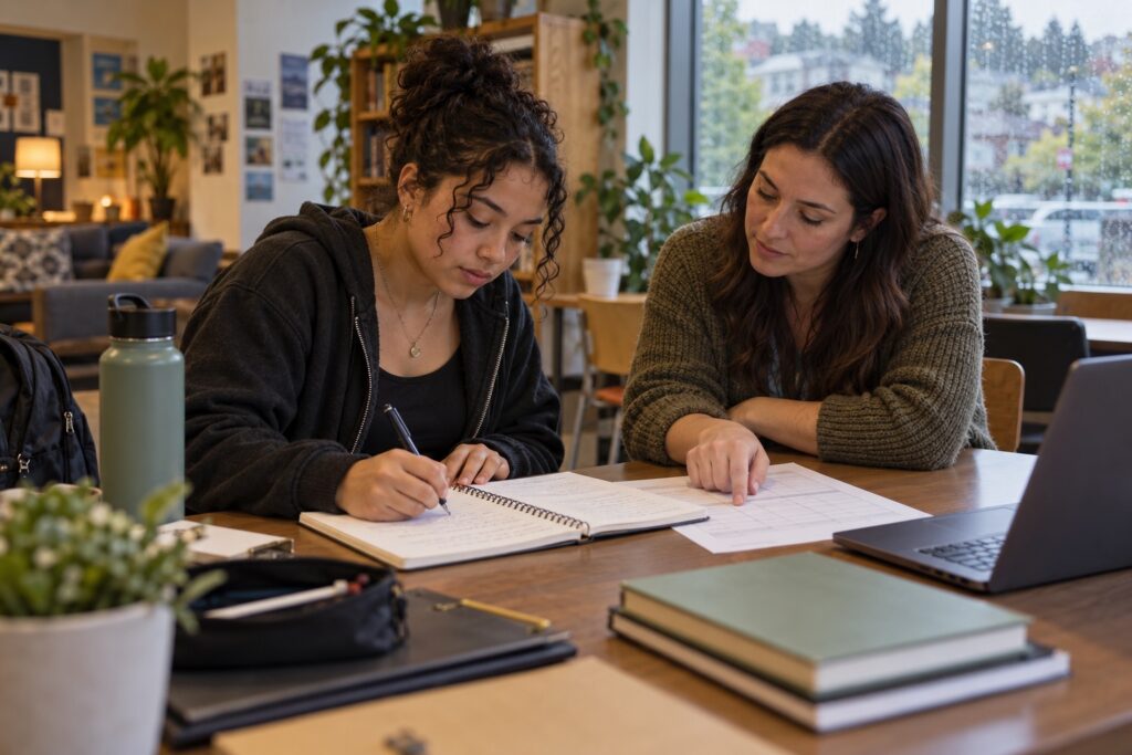 A young adult develops a savings plan alongside a financial coach in a community learning space. The scene highlights practical guidance, personal agency and building financial independence. AI-generated editorial illustration; not an actual program participant or session.