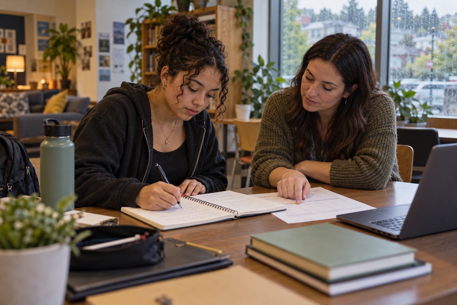 A young adult develops a savings plan alongside a financial coach in a community learning space. The scene highlights practical guidance, personal agency and building financial independence. AI-generated editorial illustration; not an actual program participant or session.