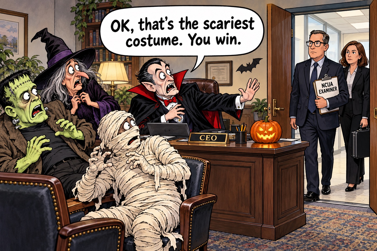 A credit union’s Halloween costume contest takes a terrifying turn when two NCUA examiners arrive in ordinary business suits. Surrounded by frightened executives dressed as monsters, the vampire-costumed CEO concedes: “OK, that’s the scariest costume. You win.”