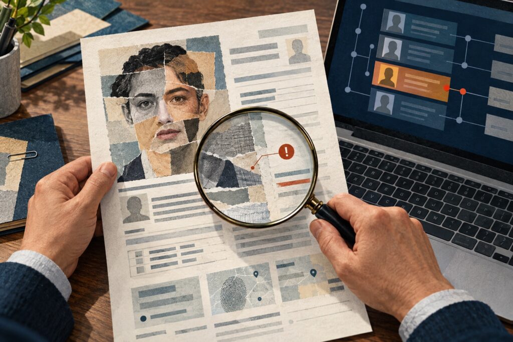 A fragmented portrait represents a synthetic identity under scrutiny, illustrating how integrated fraud detection and loan underwriting can help credit unions flag suspicious applications before funds are approved. Editorial illustration.