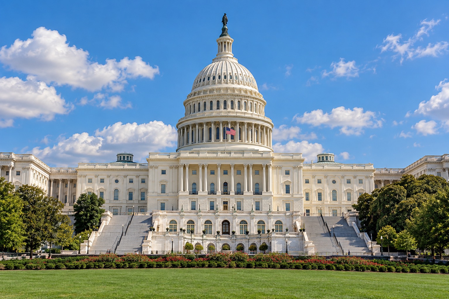 The U.S. Capitol in Washington, D.C., stands beneath a bright blue sky, with its white dome, broad steps, and landscaped grounds in view.