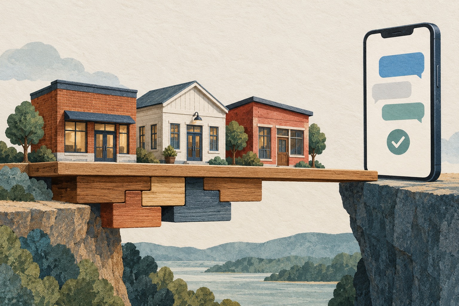 Small credit unions share a bridge to digital communication and payment tools, illustrating how collective purchasing power can help close the technology affordability gap. Editorial illustration.