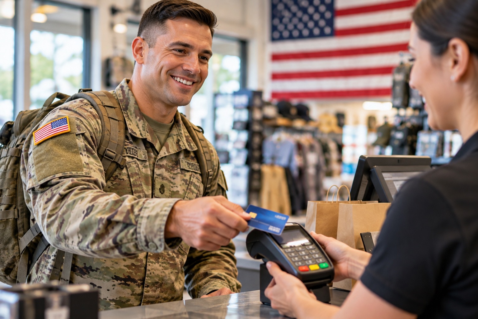 A realistic image of a U.S. military service member using a credit card at a retail checkout counter. The uniformed service member is smiling while presenting a blue credit card to a cashier holding a payment terminal. An American flag is prominently displayed in the background, reinforcing the military and patriotic theme.