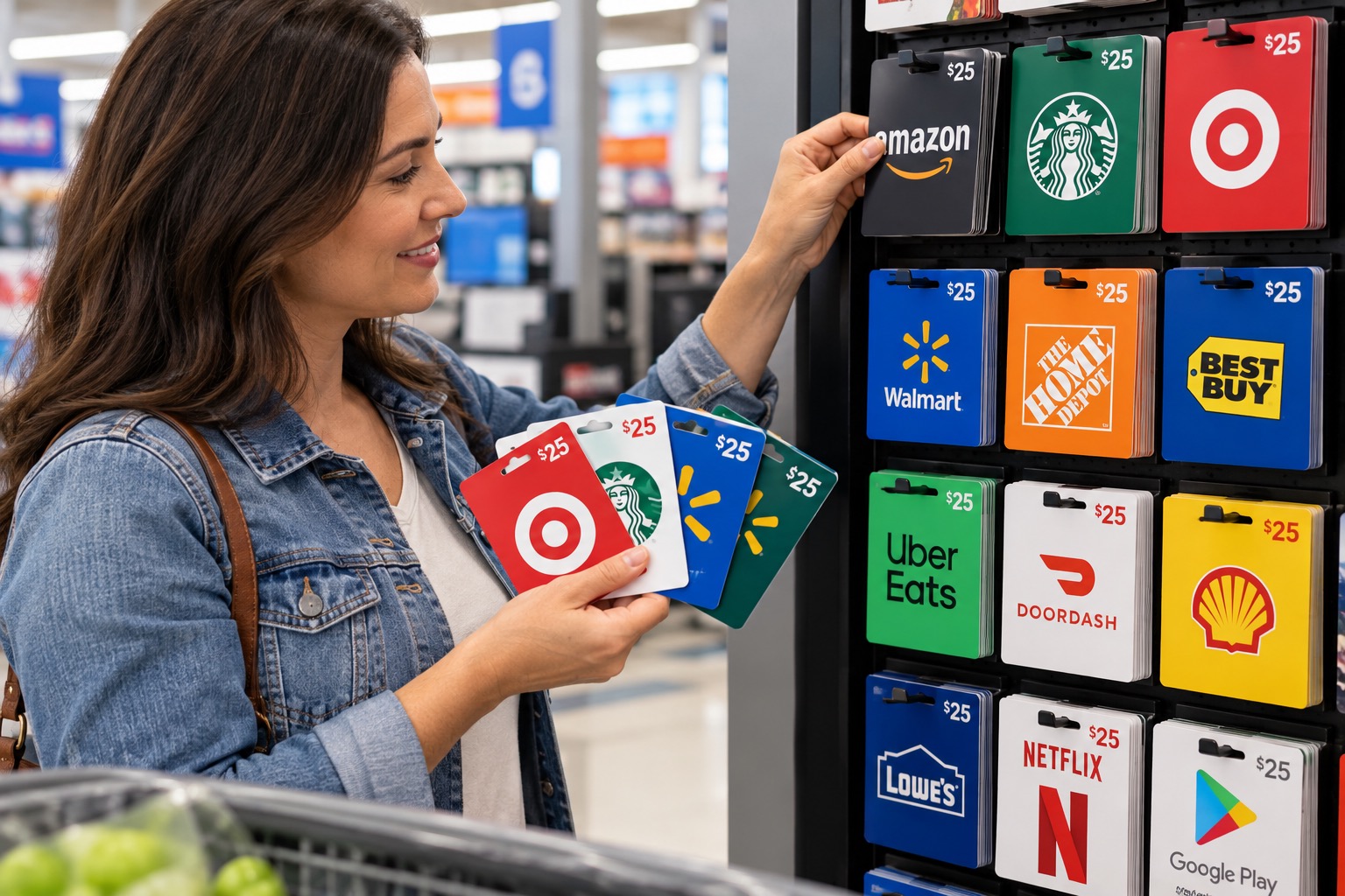 A realistic retail image showing a shopper selecting multiple $25 gift cards from several major brands. She holds a variety of gift cards while choosing another from a large in-store display featuring retail, restaurant, entertainment, and delivery brands. The image highlights the convenience and variety of prepaid gift cards, with the $25 denomination clearly displayed across the selection.