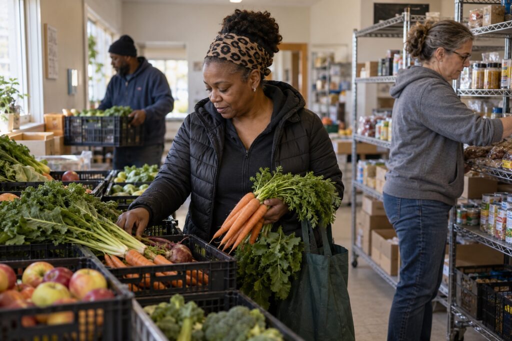 A woman selects fresh vegetables at a community food pantry while volunteers restock shelves and carry produce nearby. The scene highlights dignity, food access and the everyday work of supporting neighbors.
