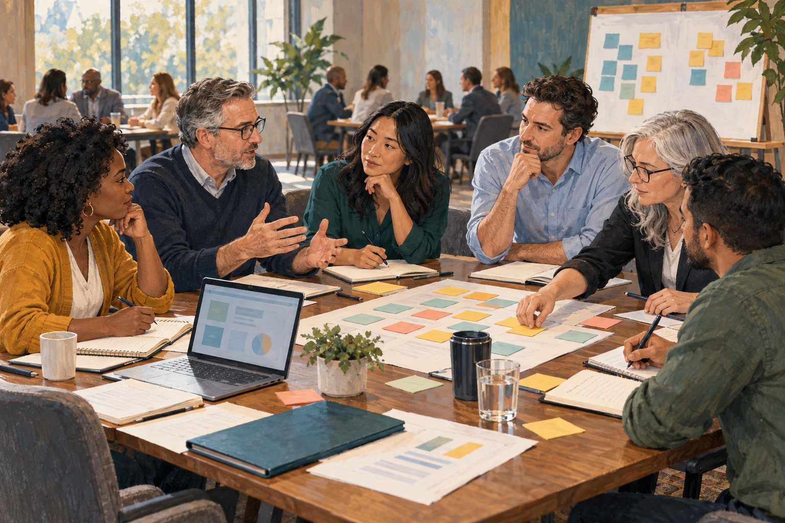 Credit union leaders turn fintech ideas into practical plans through hands-on discussion, shared perspectives, and cross-department collaboration. Editorial illustration.