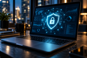 A laptop displays a glowing shield and padlock surrounded by digital network connections, symbolizing cybersecurity and the protection of sensitive financial information.