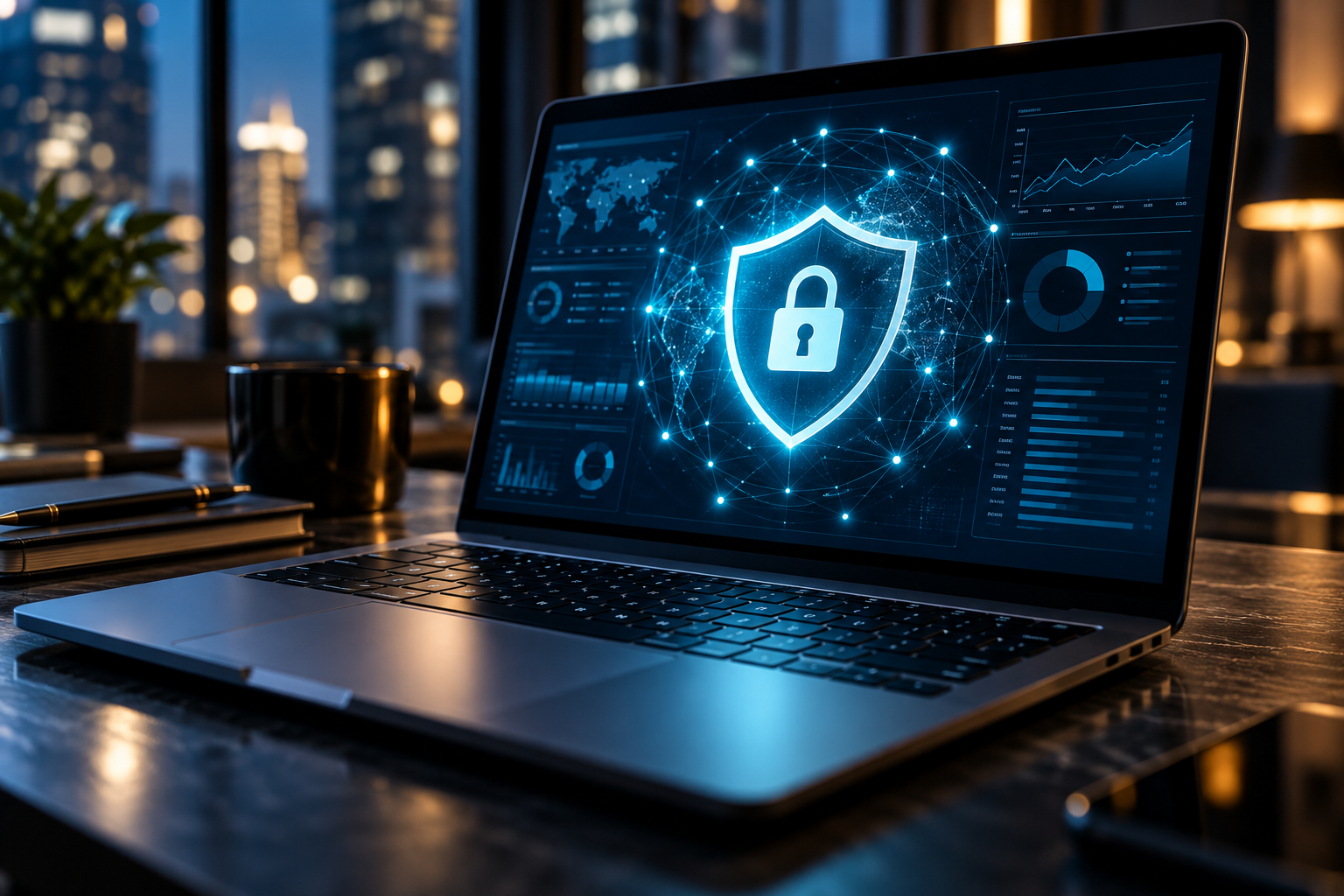 A laptop displays a glowing shield and padlock surrounded by digital network connections, symbolizing cybersecurity and the protection of sensitive financial information.
